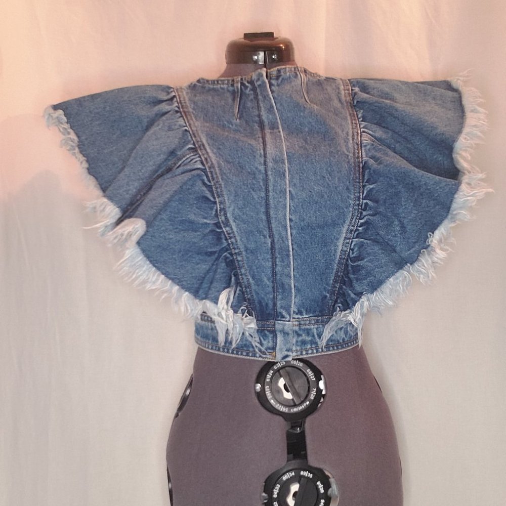 Mid Length Cropped Ruffled Denim Top